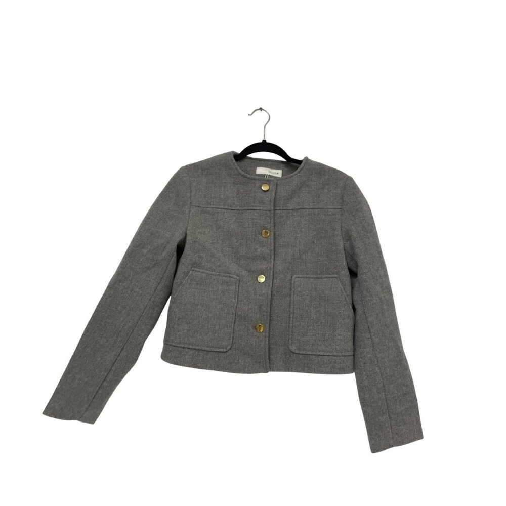 Zara Womens Jacket Blazer S Small Gray Round Neck Gold Button 3046/020 NWT - Picture 1 of 16